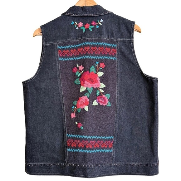 Alfred Dunner Jackets & Blazers - ALFRED DUNNER Boho Colorful Floral Embroidered Beaded Denim Vest Jacket Size 12